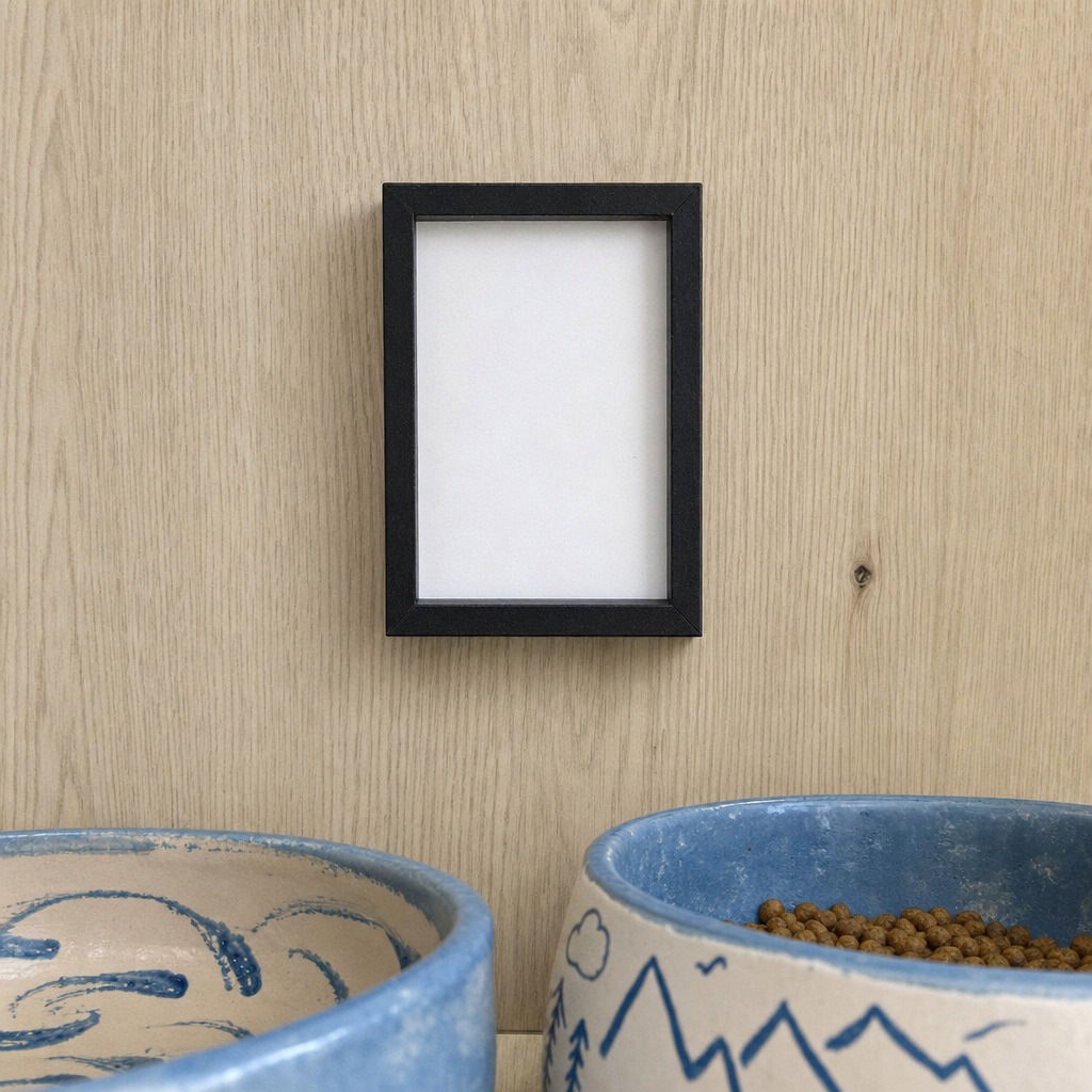Mini frame hanging at pet height on the wall above two food bowls